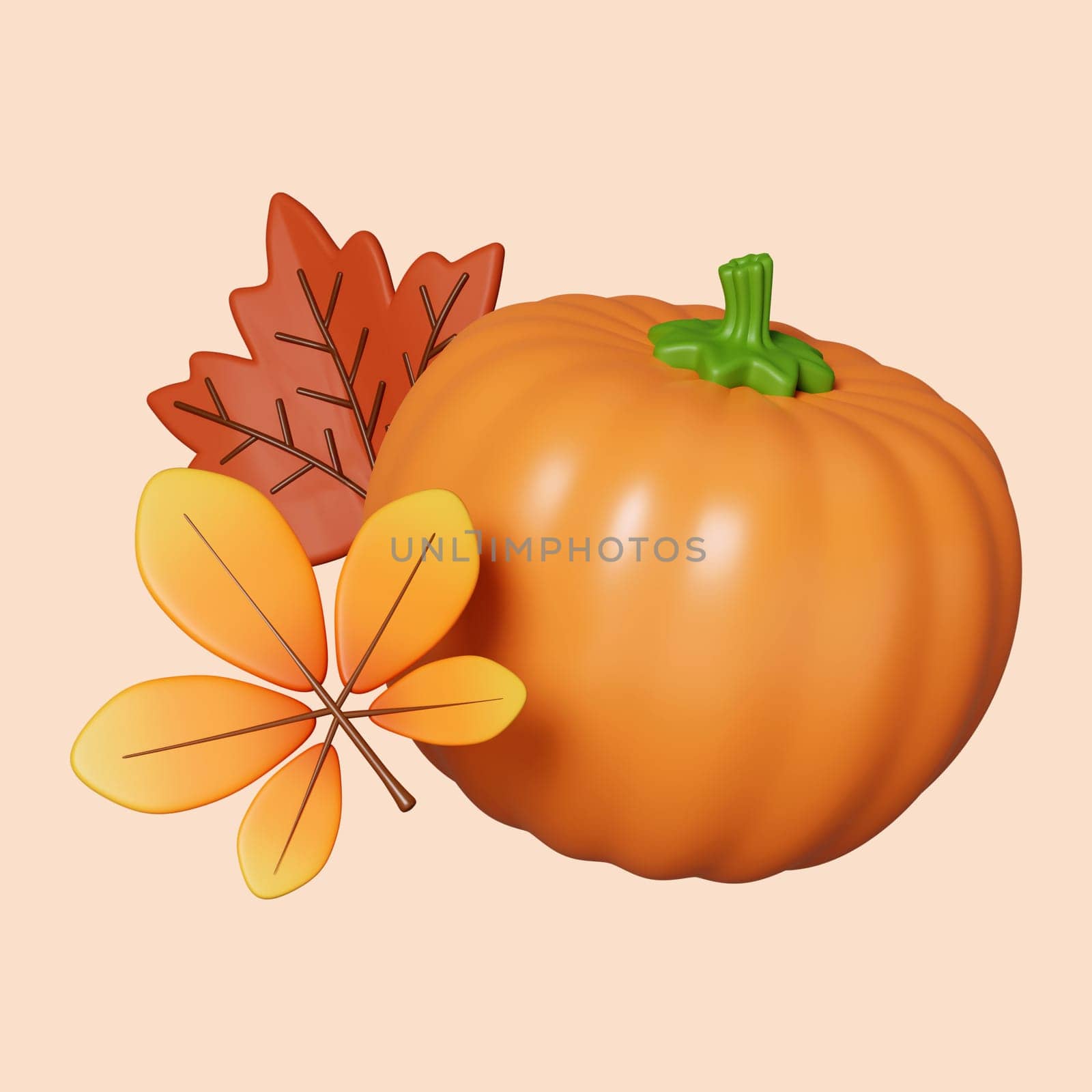 3d Autumn pumpkin leaf. Golden fall. Season decoration. icon isolated on gray background. 3d rendering illustration. Clipping path. by meepiangraphic