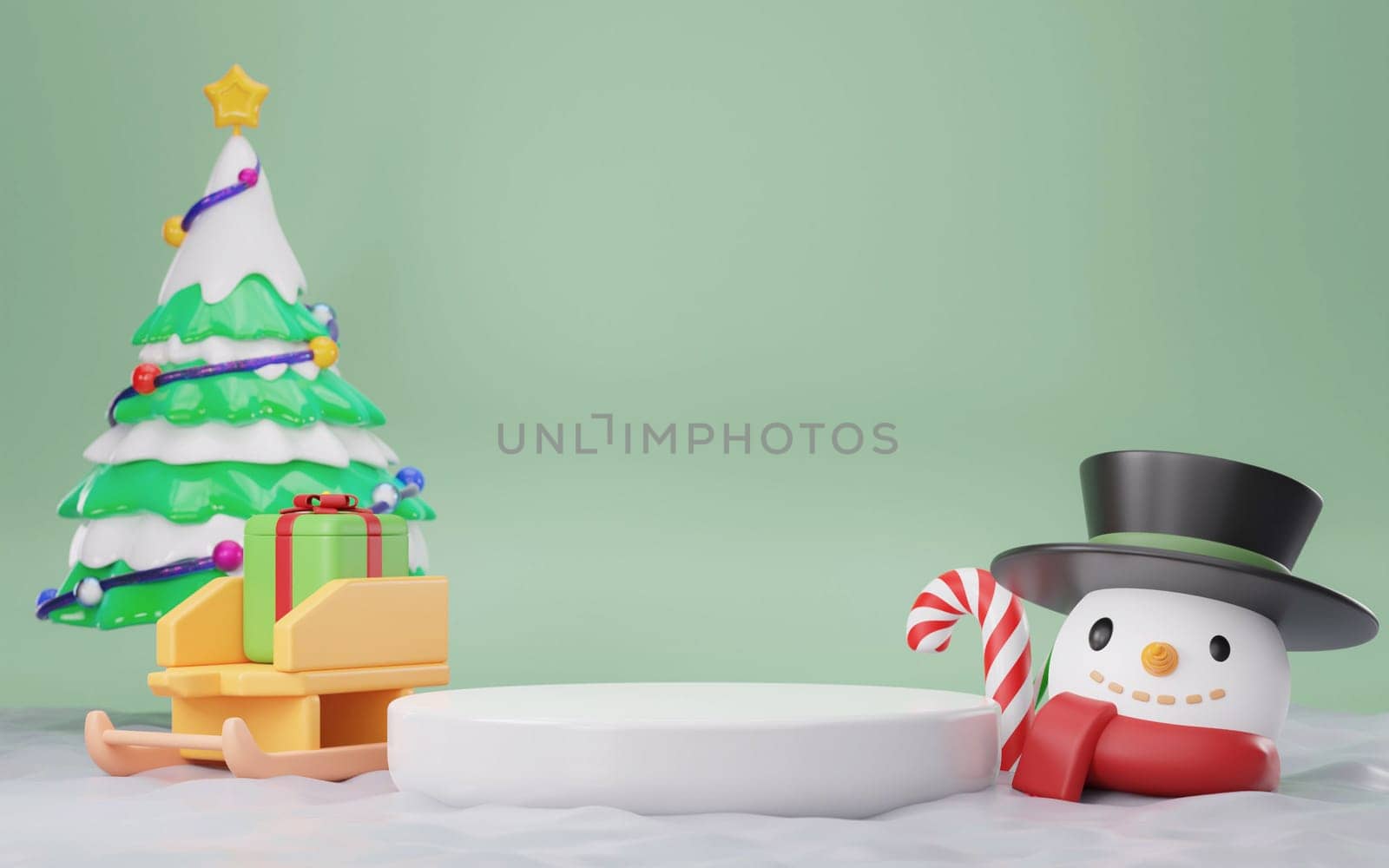 3D rendering snow covered white stand, snowman, pine trees and gift boxes on white snow floor with light green background. Cute Christmas or winter product display scene..