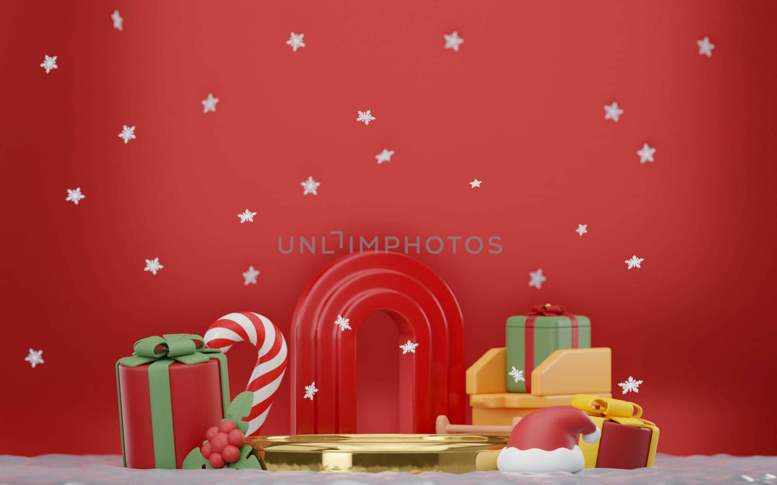 3D rendering snow covered. glod stand, gift boxes on white snow floor with light red background. Cute Christmas or winter product display scene..