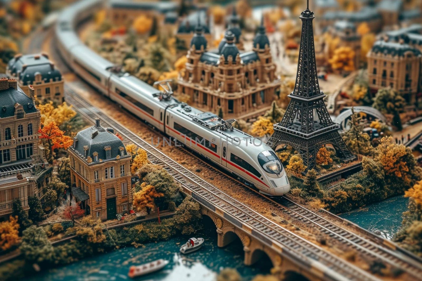 A high-speed railway locomotive is on its way through the city. 3d illustration by Lobachad