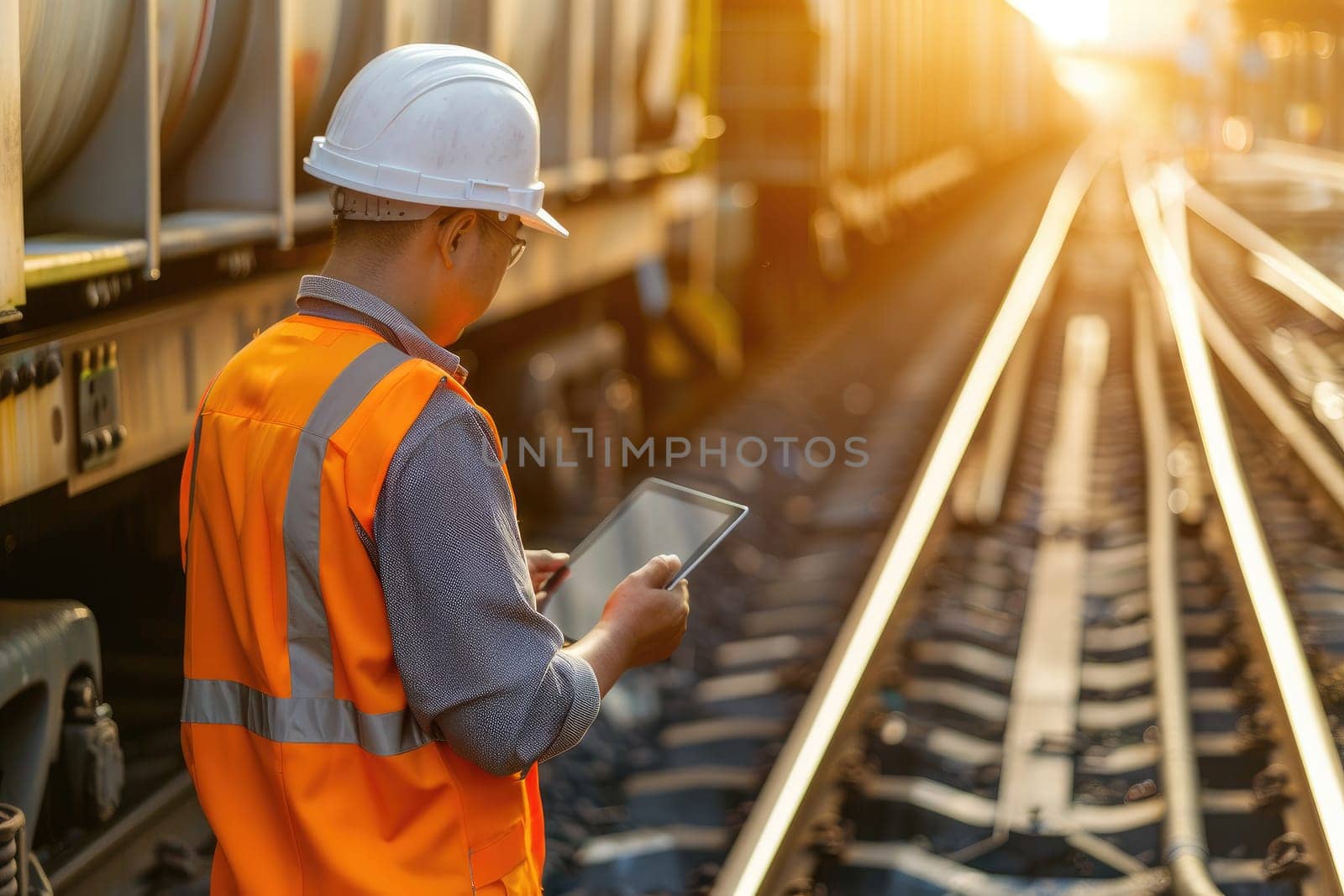 Engineer using tablet checking and analysis data systems electrics of track on railway by AI generated image by wichayada