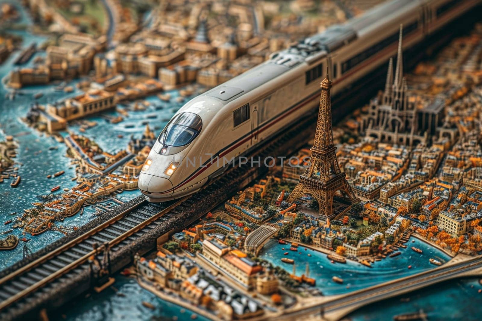 A high-speed railway locomotive is on its way through the city. 3d illustration by Lobachad