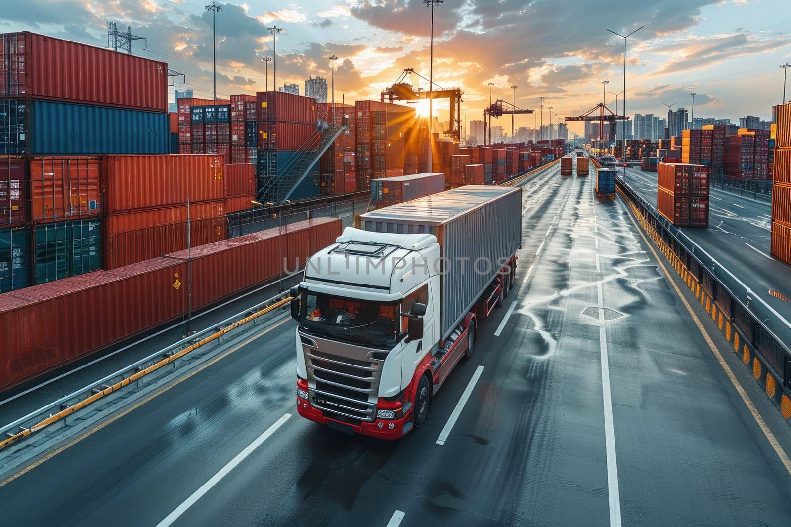 Transportation and logistics network distribution growth. .Engineers online checking, Management and control cargo trucks by AI generated image.