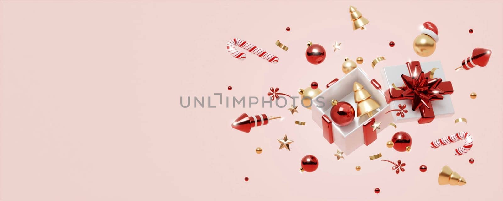 Christmas banner. Background Xmas design of sparkling lights garland, with realistic glitter gold confetti. square New Year poster, greeting card, header, website. 3d render by meepiangraphic