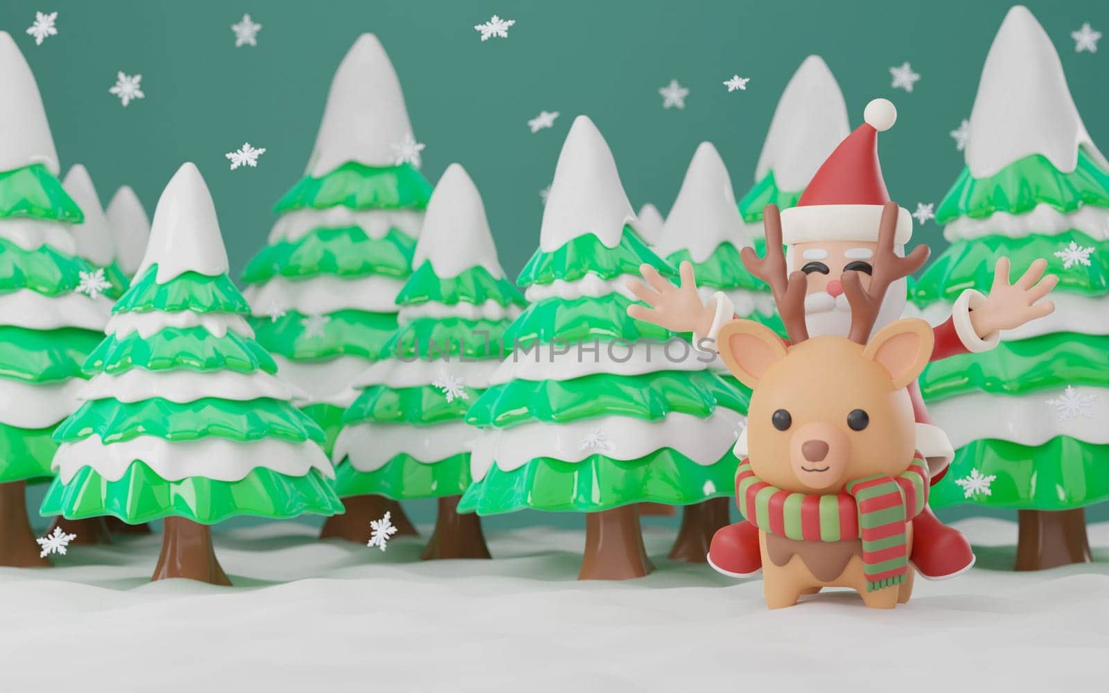 3D Christmas characters. Cute Santa Claus and reindeer render, trees with snow, . New Year winter banner. three dimensional illustration in plastic style. by meepiangraphic