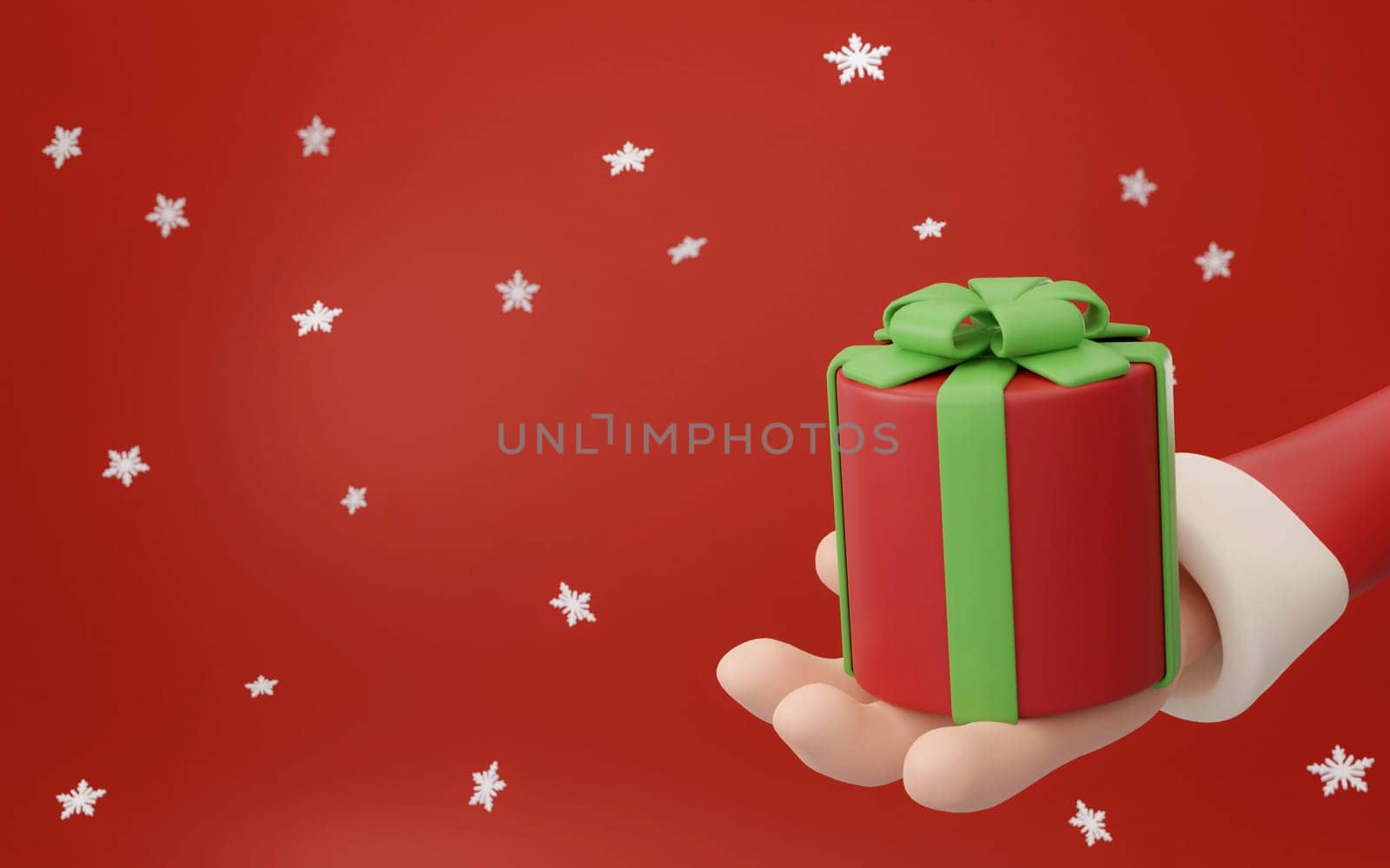 Merry Christmas and Happy New Year. 3d design, hand of Santa Claus in palm holding red gift box, Xmas holiday banner, Advertising Web poster, 3d render illustration..