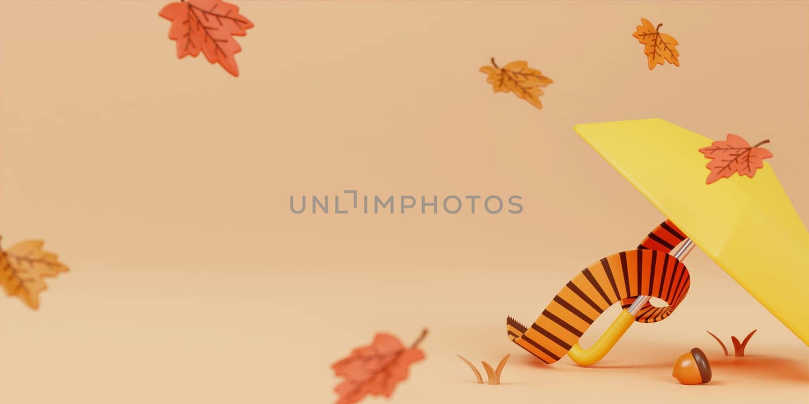 Autumn sale decoration background with scarf, umbellar, leaves, copy space text, 3D rendering.