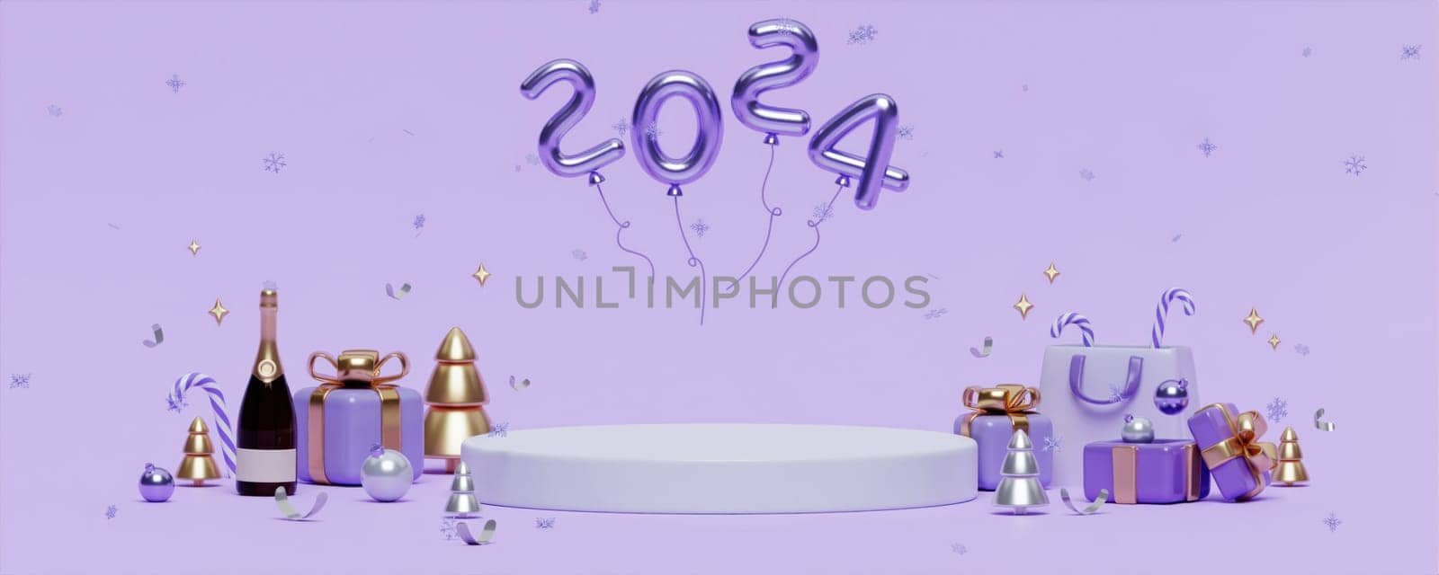 3D Rendering Christmas and New Year purple golden 2024 balloon and podium for social media banner, shopping. by meepiangraphic