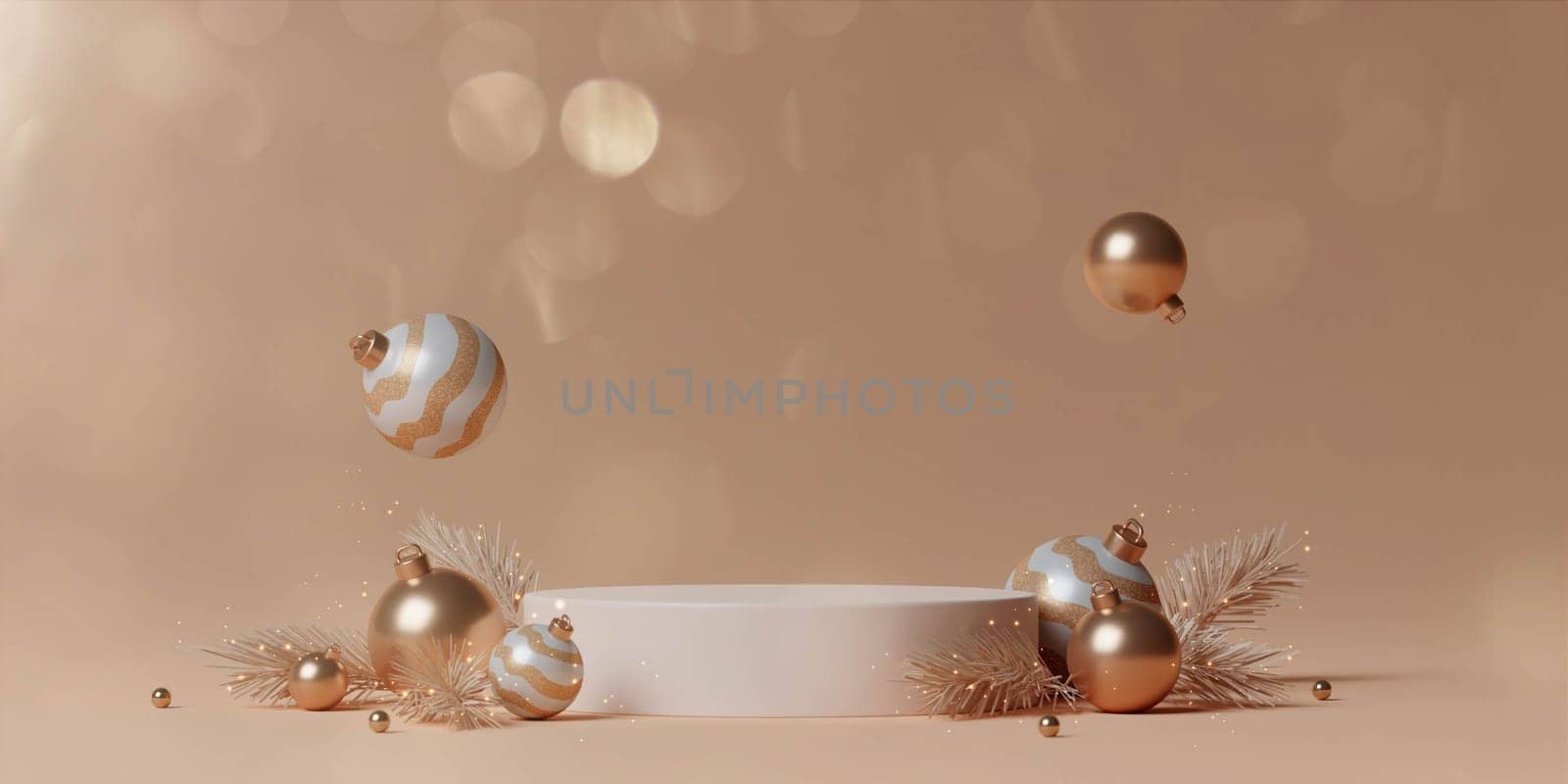 3d Christmas podium. Realistic 3d design stage podium. Decorative festive elements glass bauble balls. Xmas holiday template podium. by meepiangraphic