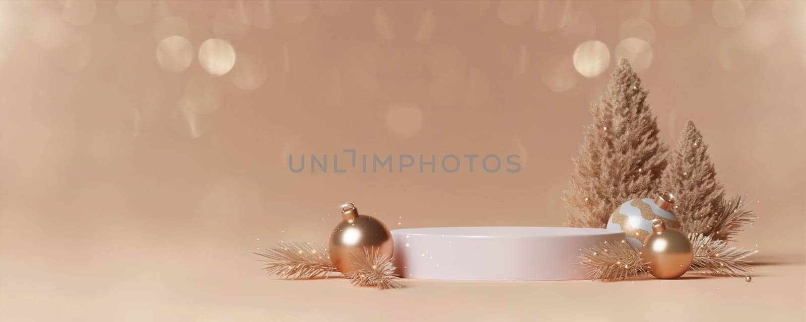 3d Christmas podium. Realistic 3d design stage podium. Decorative festive elements glass bauble balls. Xmas holiday template podium. by meepiangraphic