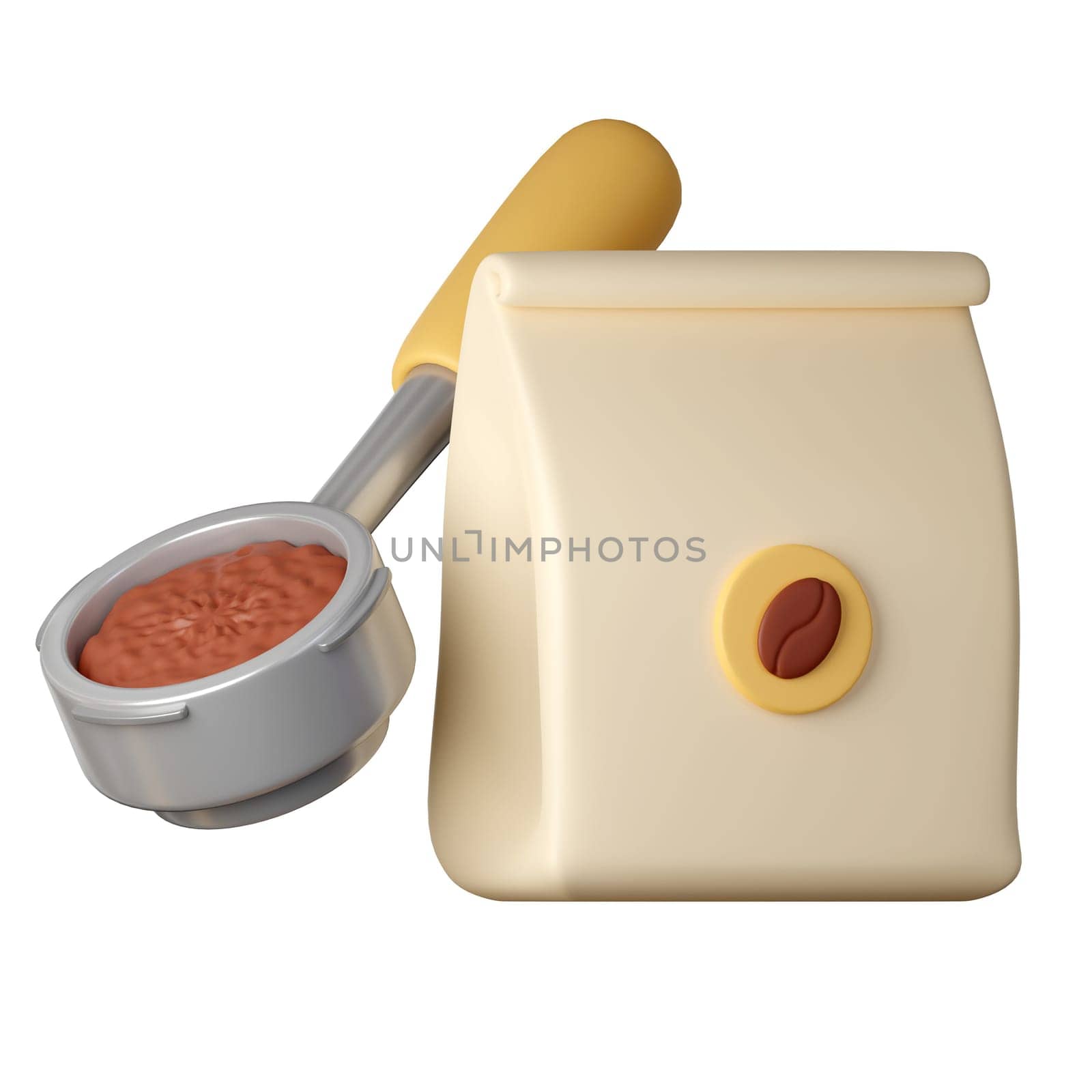 A ground coffee and coffee bag Cartoon Style Isolated on a White Background. 3d illustration.