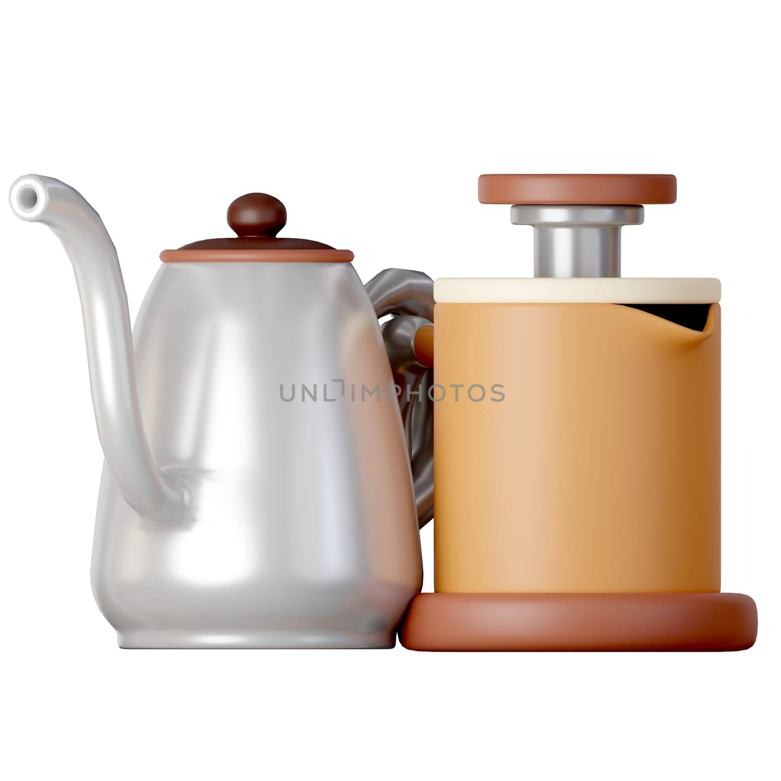 A kettle and french press Cartoon Style Isolated on a White Background. 3d illustration by meepiangraphic