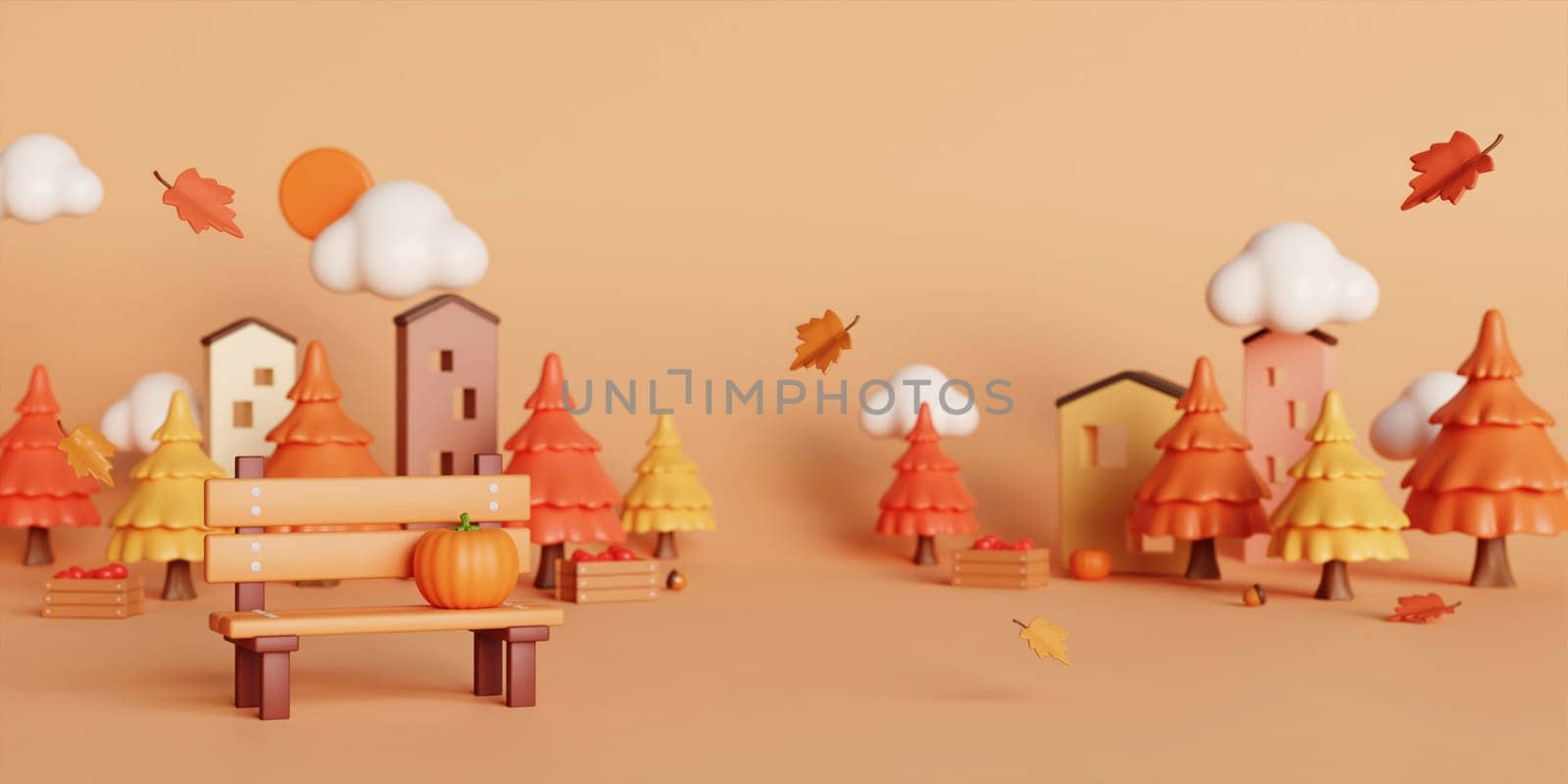 3d Autumn with fallen leaves, bench and pine tree. concept of autumn, winter and outdoors. copy space text, 3D rendering by meepiangraphic