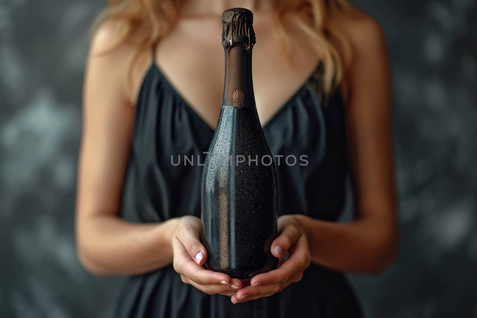 Close-up of a woman's hand holding a bottle of champagne. Place for the inscription.