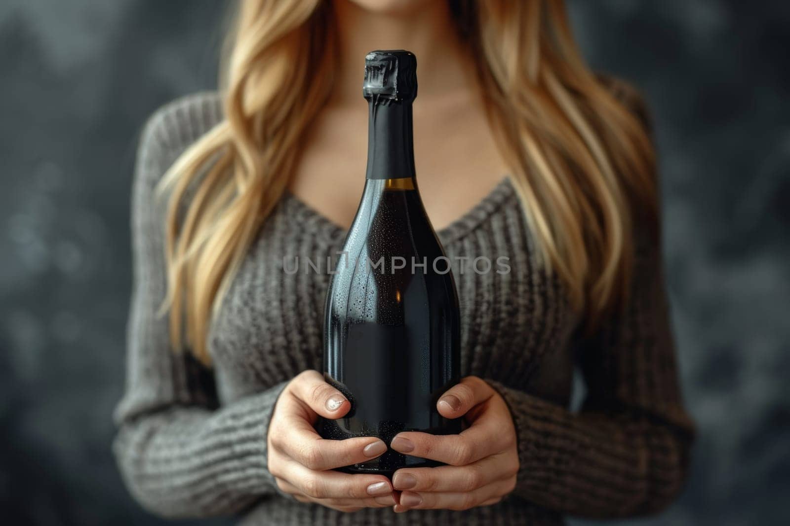 Close-up of a woman's hand holding a bottle of champagne. Place for the inscription.