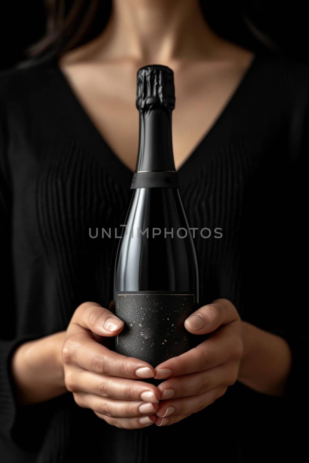 Close-up of a woman's hand holding a bottle of champagne. Place for the inscription.