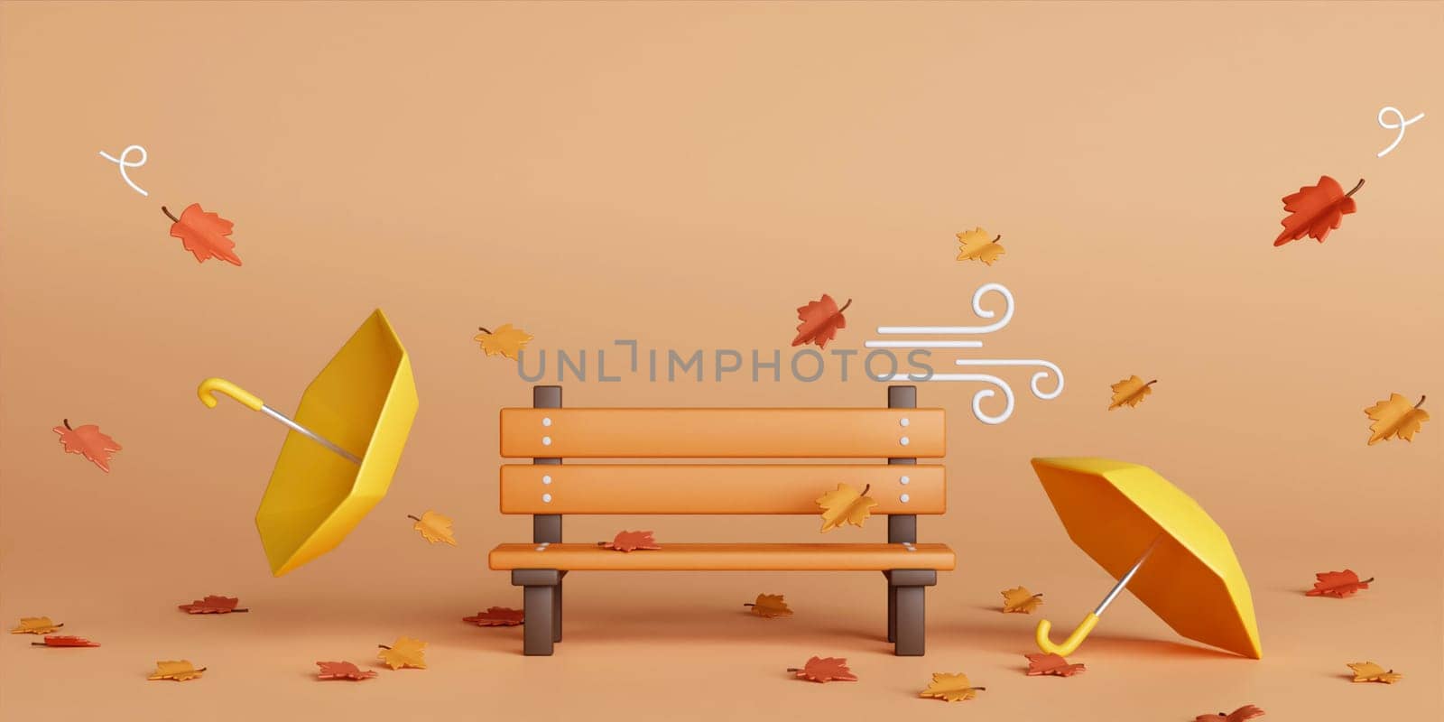 3d Autumn with fallen leaves, bench and umbrella. concept of autumn, winter and outdoors. copy space text, 3D rendering.