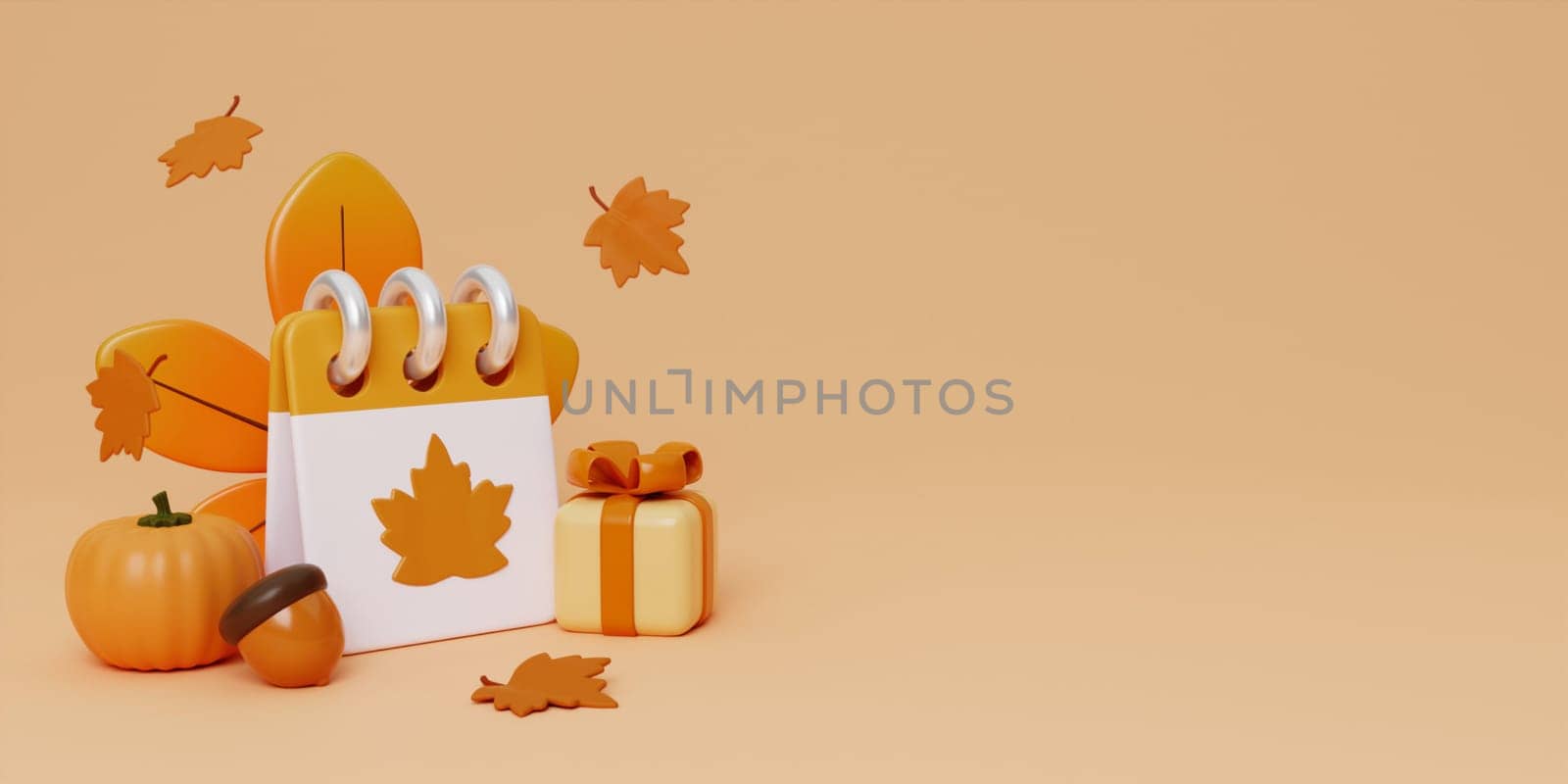 Hello Autumn with autumn calendar, leaves, pumpkins, walnut and gift box background. 3d Fall leaves for the design of Fall banners, posters, advertisements, cards, sales. 3d render illustration. by meepiangraphic