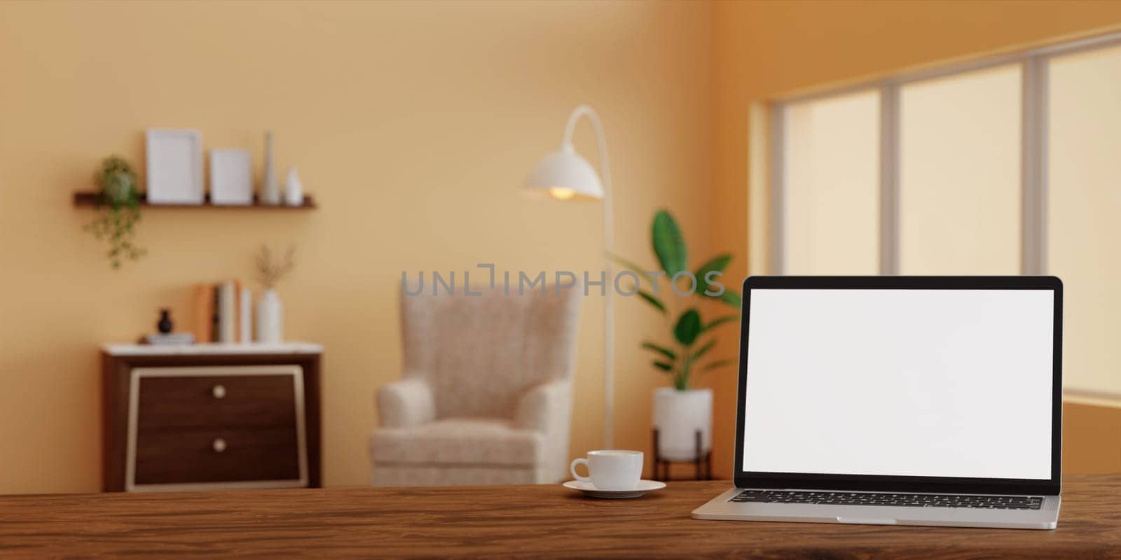 A laptop mockup on the table In minimal living room. on empty yellow wall background.3d render illustration.