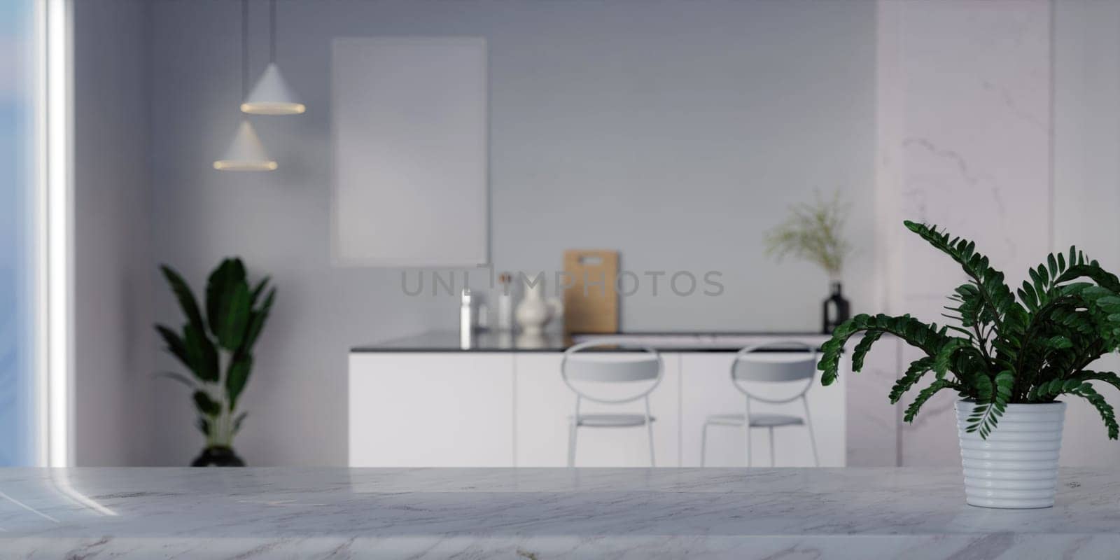 3d Empty space on a marble kitchen tabletop in a modern white kitchen. kitchen interior marble material. 3D render illustration by meepiangraphic