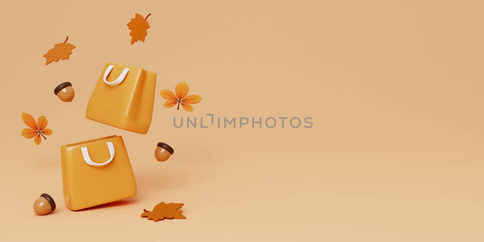 3d shopping bag, walnut, gift boxes, leaves. 3d render for banner or poster design for autumn sale. copy space. delicate pastel colors. 3d rendering by meepiangraphic