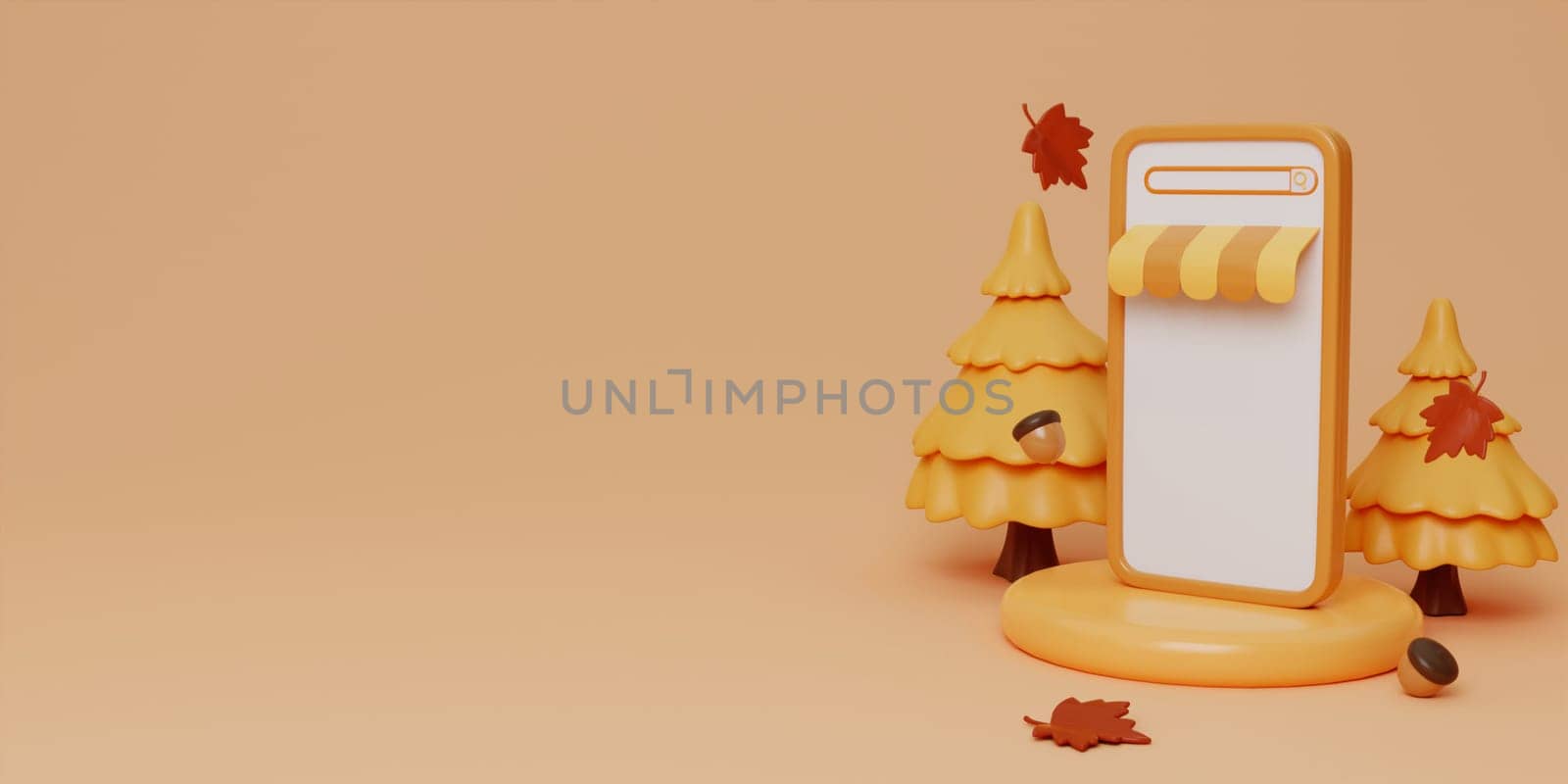 Hello Autumn with phone, leaves, pumpkins, walnut background. 3d Fall leaves for the design of Fall banners, posters, advertisements, cards, sales. 3d render illustration. by meepiangraphic