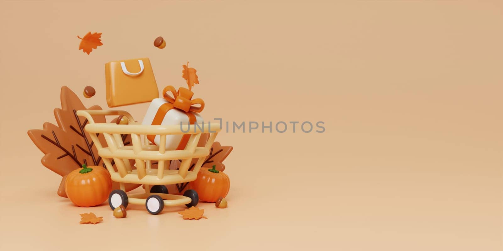 Autumn sale decoration background with basket shopping cart, gift box, bag, leaves, copy space text, 3D rendering by meepiangraphic