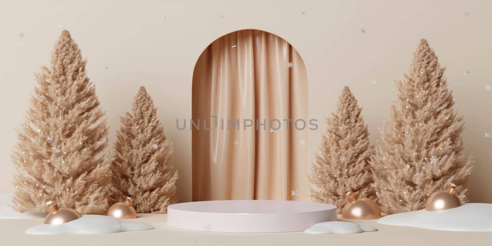 3d Christmas tree podium. Realistic 3d with design stage podium. Decorative festive elements glass bauble balls. Xmas holiday template podium. by meepiangraphic