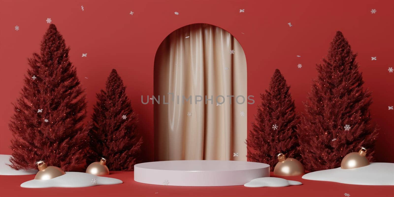 3d Christmas tree podium. Realistic 3d with design stage podium. Decorative festive elements glass bauble balls. Xmas holiday template podium. by meepiangraphic