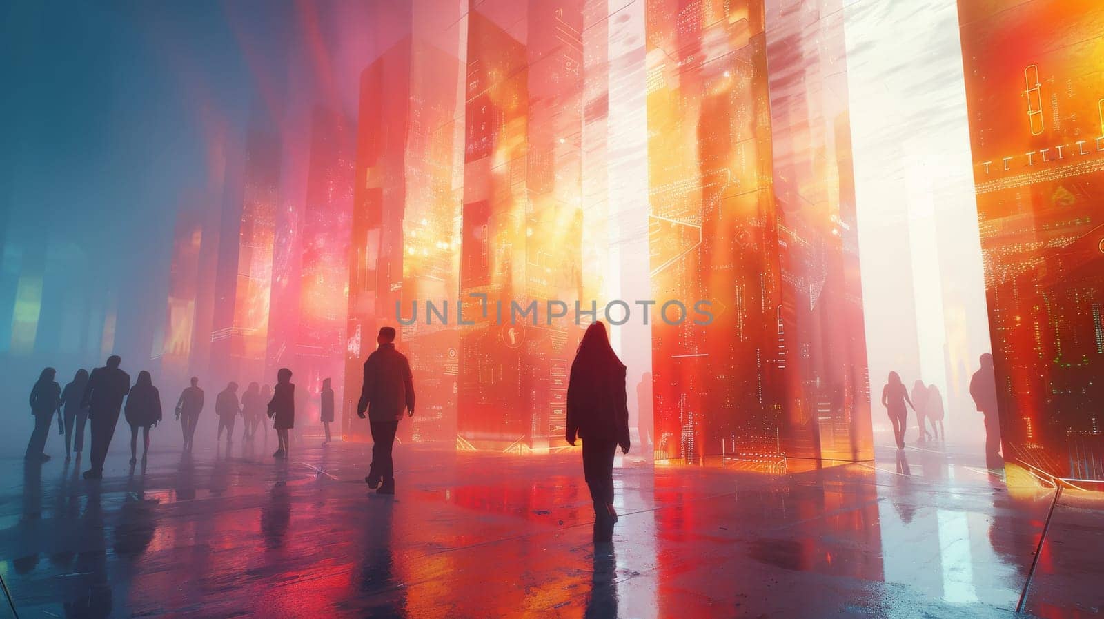 A group of people walking in a city with a bright orange sky. Scene is lively and energetic