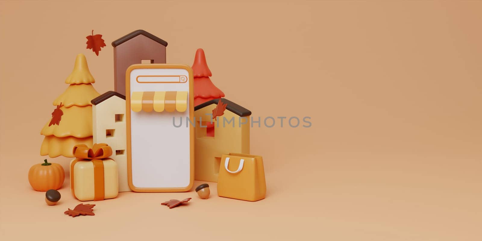 Hello Autumn with phone, leaves, pumpkins, walnut, shopping bag, gift box background. 3d Fall leaves for the design of Fall banners, posters, advertisements, cards, sales. 3d render illustration..