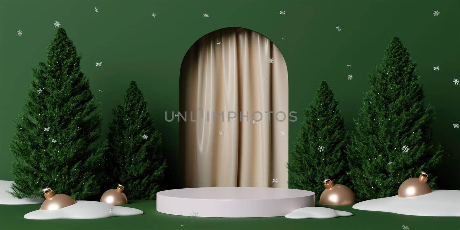 3d Christmas tree podium. Realistic 3d with design stage podium. Decorative festive elements glass bauble balls. Xmas holiday template podium..