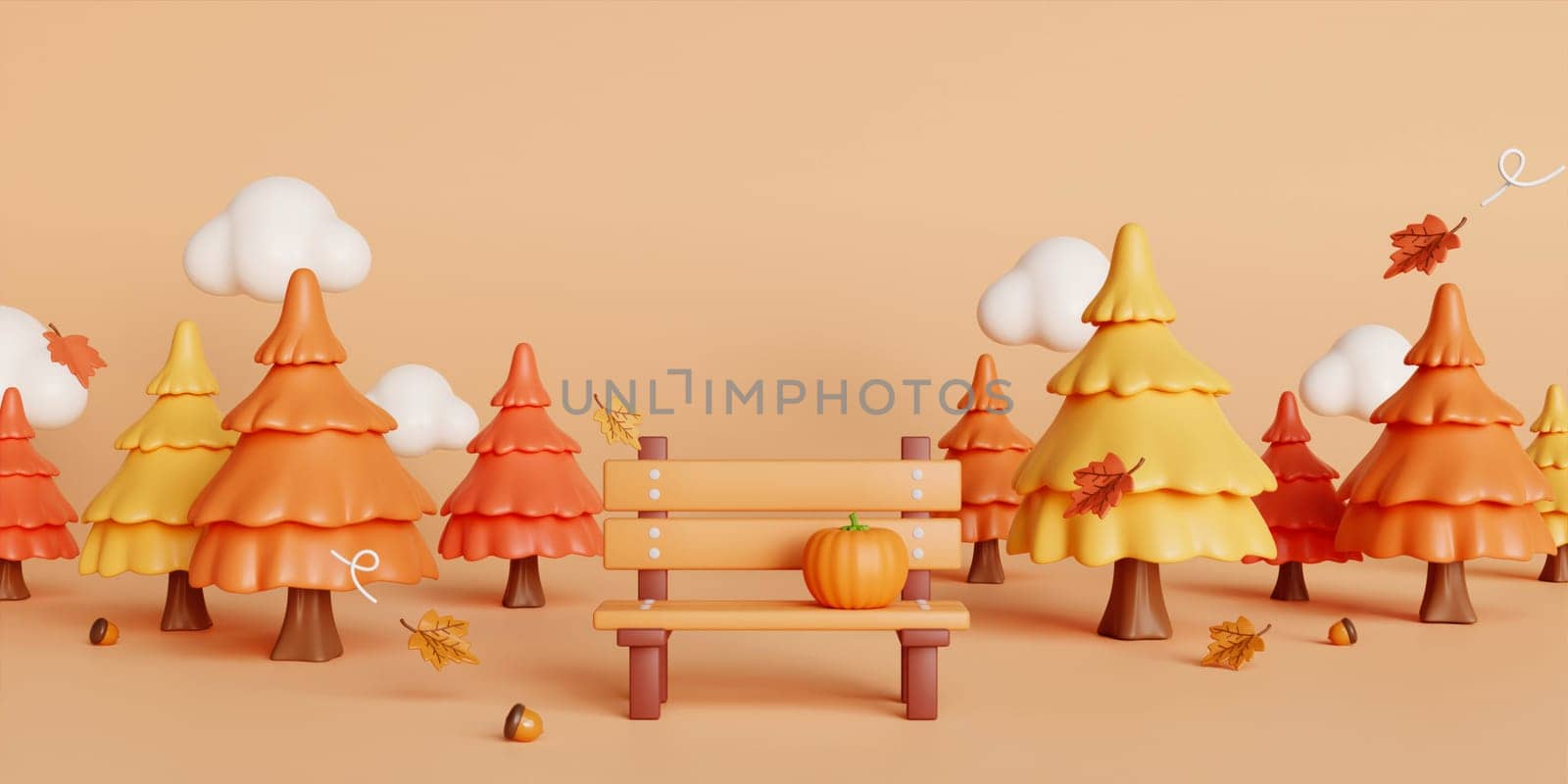 3d Autumn with fallen leaves, bench and pine tree. concept of autumn, winter and outdoors. copy space text, 3D rendering.