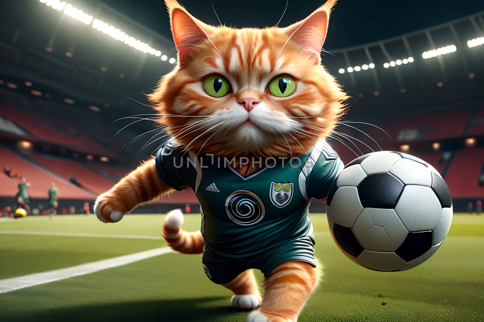 cat athlete football player playing football on the football field .AI generated image.