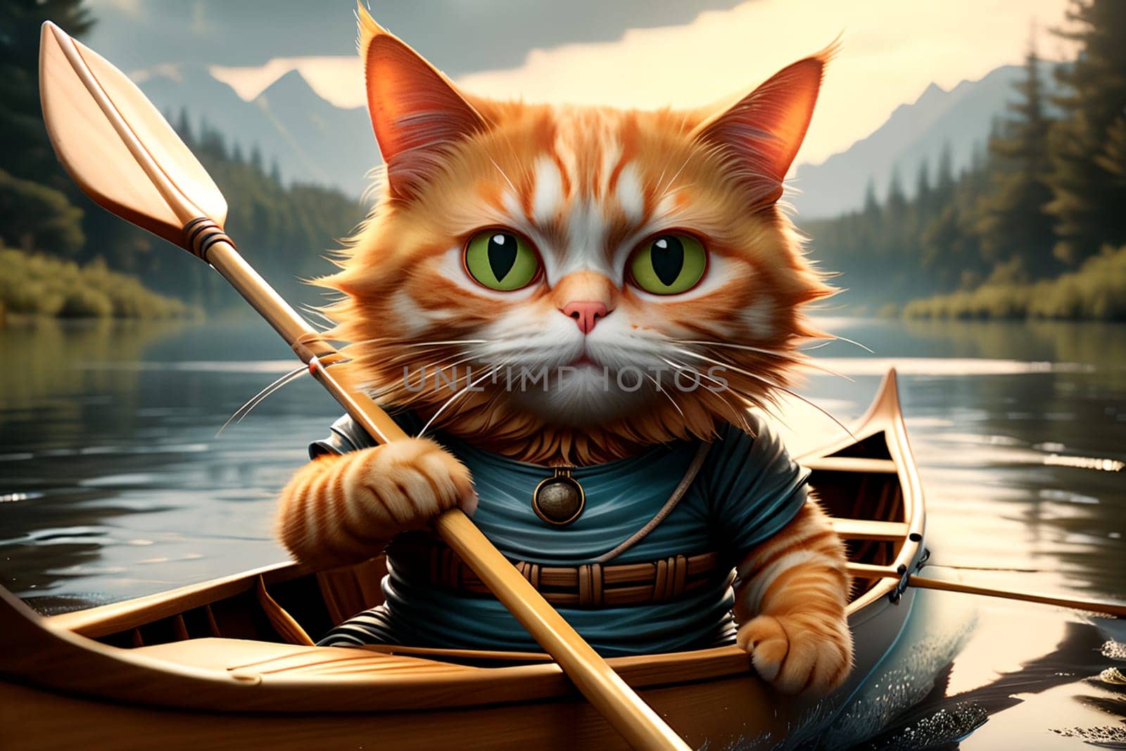 fat red cat in a T-shirt with oars in a boat, playing sports .AI generated image.