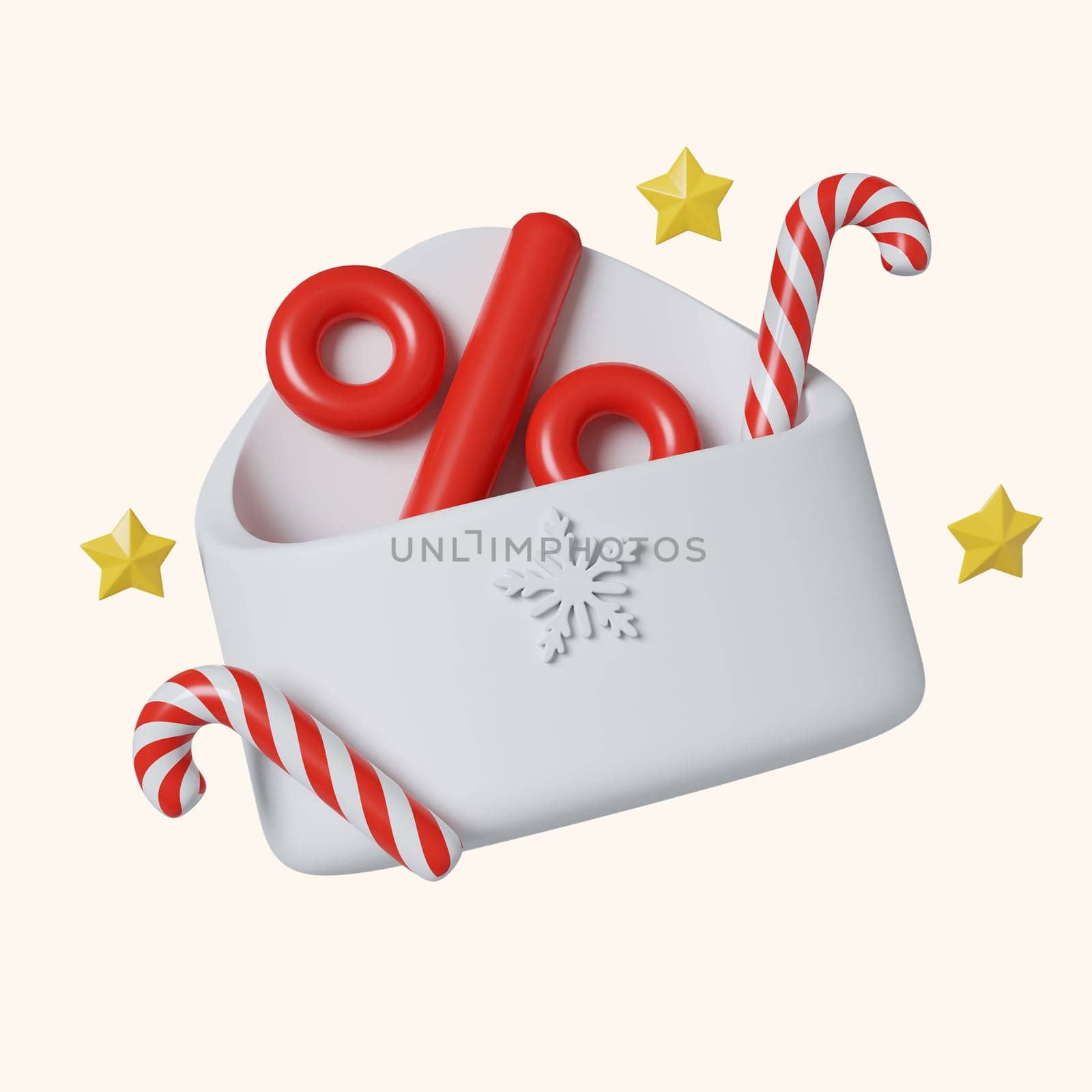 3d Christmas sale envelope promotion icon. minimal decorative festive conical shape tree. New Year's holiday decor. 3d design element. Icon isolated on white background. 3D illustration.