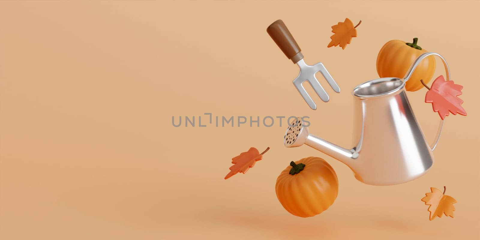 3d Autumn with watering can, leaves, pumpkins, and Shoveling fork background. 3d Fall leaves for the design of Fall banners, posters, advertisements, cards, sales. 3d render illustration..