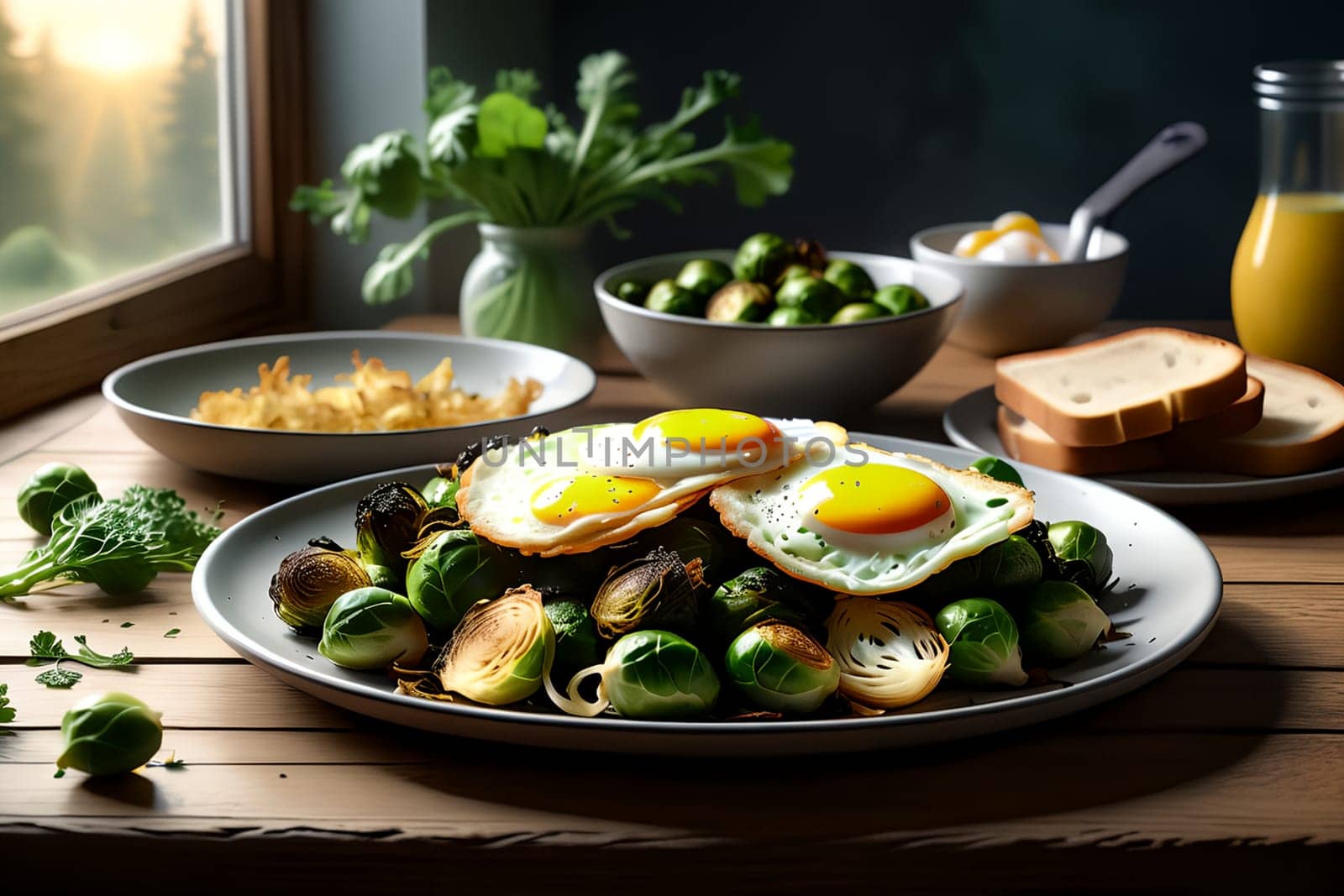 pieces of roasted Brussels sprouts with fried eggs, with fried onions