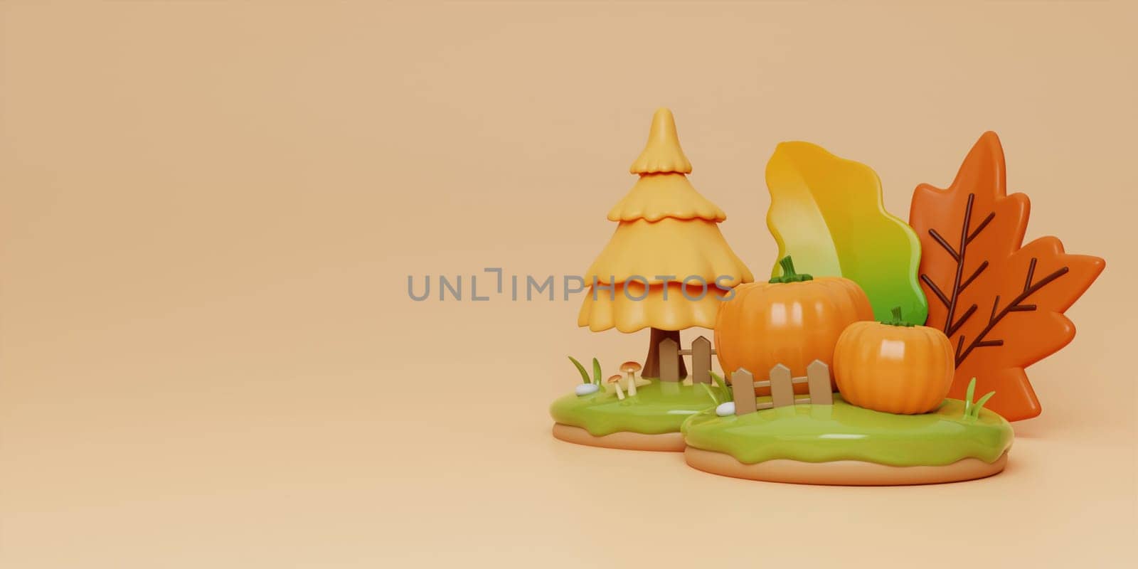 Autumn Display Background with pine tree, Autumn leaves and empty minimal podium pedestal product display. 3d render illustration..