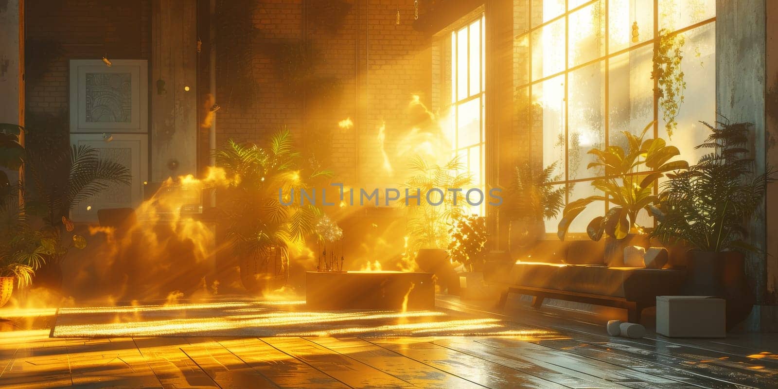 A room with a lot of plants and a fireplace. The room is bright and sunny, with sunlight streaming in through the windows. The plants are well-cared for and add a touch of greenery to the space