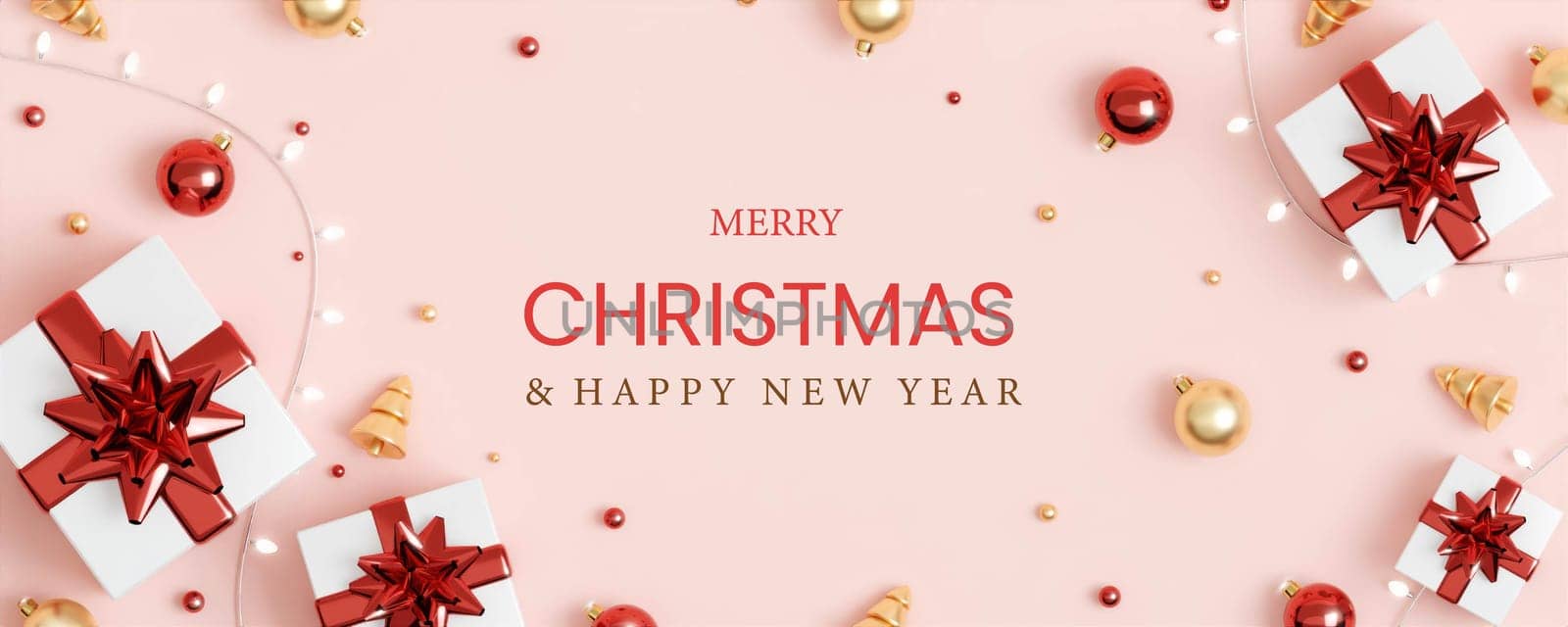 Christmas banner. Background Xmas design of sparkling lights garland, with realistic gifts box, glitter gold confetti. Horizontal New Year poster, greeting card, header, website. 3d render.
