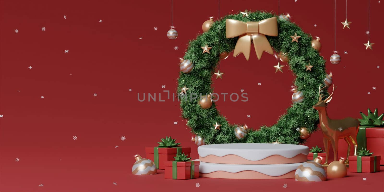 3d Christmas wreath podium. Realistic 3d design stage podium. Decorative festive elements glass bauble balls. Xmas holiday template podium. by meepiangraphic