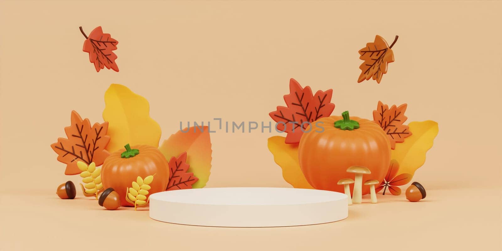 Autumn Display Podium Decoration Background with Autumn leaves and empty minimal podium pedestal product display. 3d render illustration. by meepiangraphic