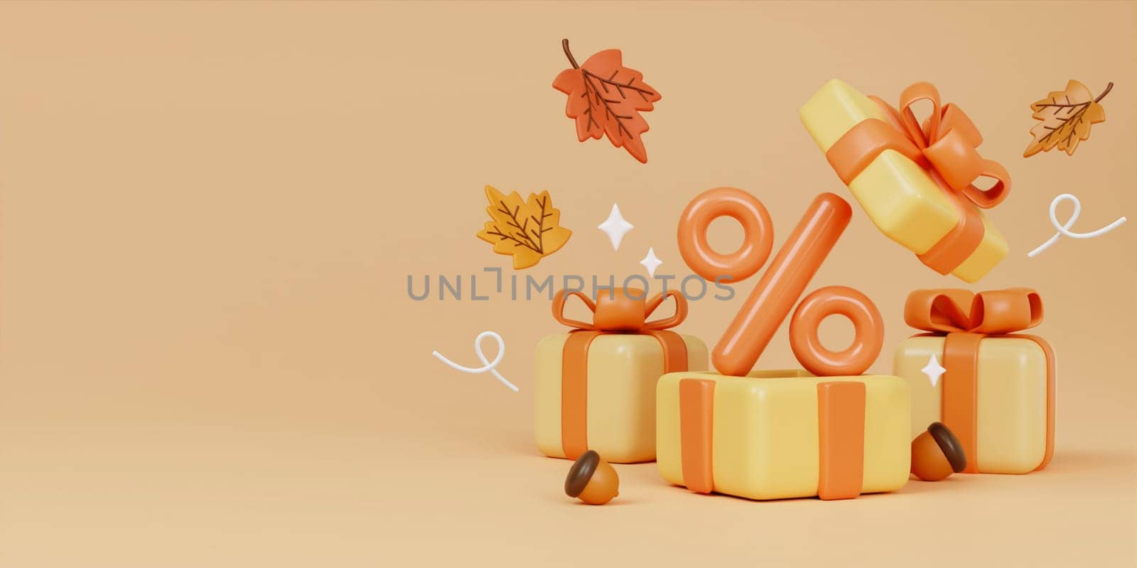 3d percent sign, walnut, gift boxes, leaves. 3d render for banner or poster design for autumn sale. copy space. delicate pastel colors. 3d rendering.