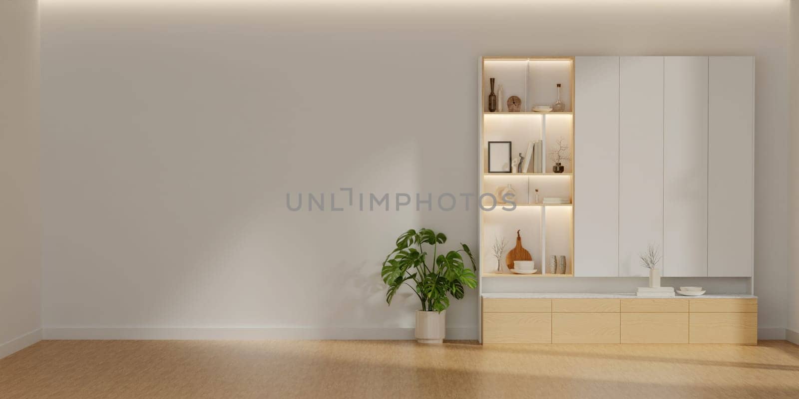 Modern minimalist interior living room with wooden cabinet and plant on empty white wall background.3D rendering.