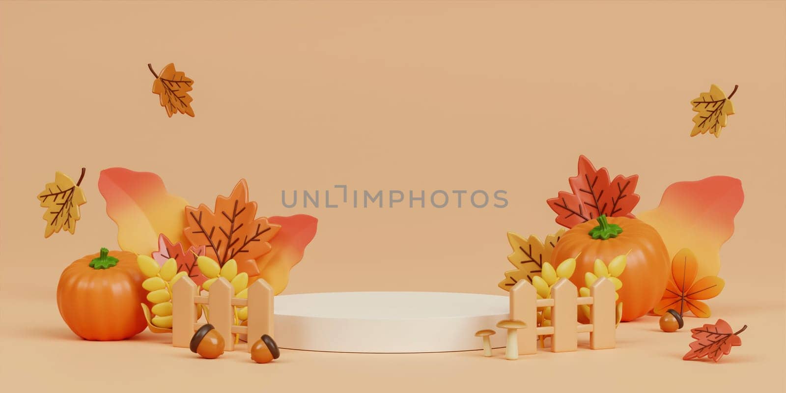 Autumn Display Podium Decoration Background with Autumn leaves and empty minimal podium pedestal product display. 3d render illustration..