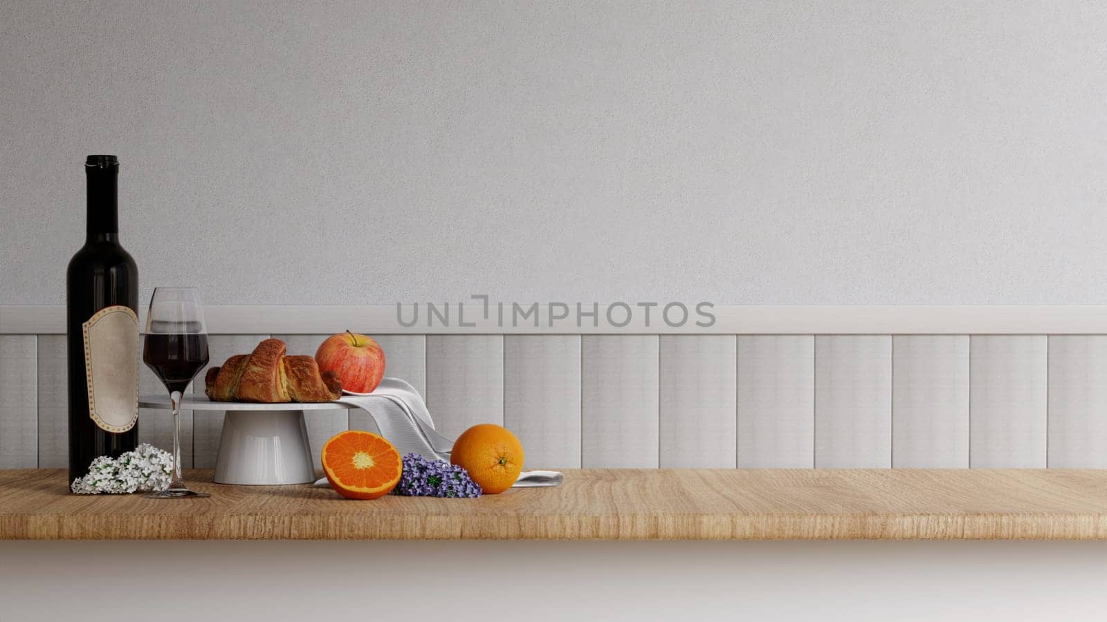 Blank empty space on beautiful wood. wooden counter top with wine, croissant and fruit Backdrop. 3d render illustration.