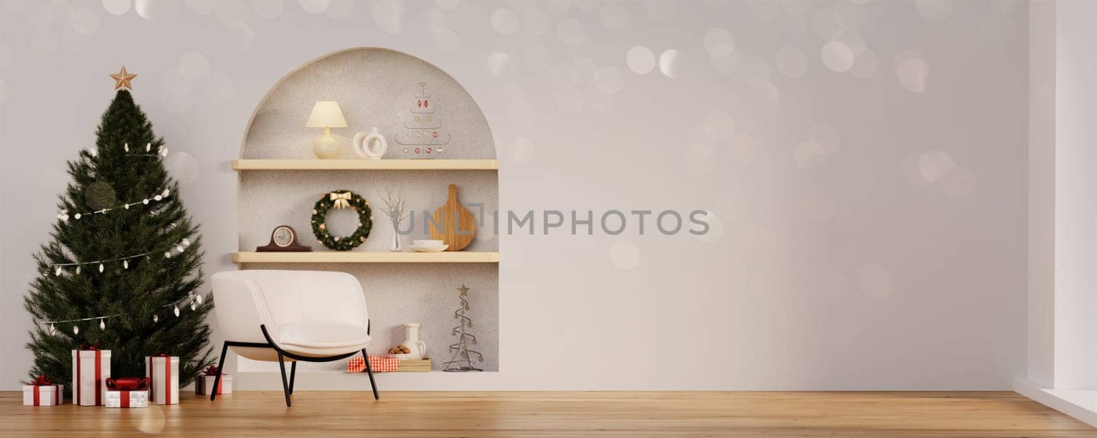 Cozy living room decorated for the Christmas and New Year. Winter holidays interior with Xmas tree, armchairs, gifts, garland. 3d render illustration by meepiangraphic