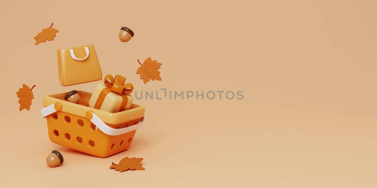 Autumn sale decoration background with basket shopping cart, gift box, bag, leaves, copy space text, 3D rendering.