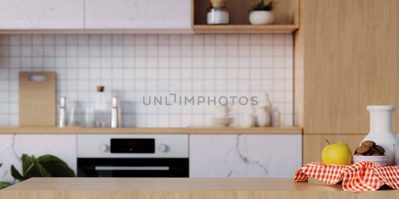 Stylish top tabletop on wooden platform with copy space at blurry kitchen utensils and dishes on light wall background. 3D render illustration.